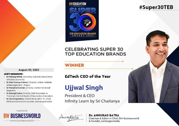 Ujjwal Singh Emerges as the Lone Winner at "Super Top 30 Education Brand Awards" by Business World Education